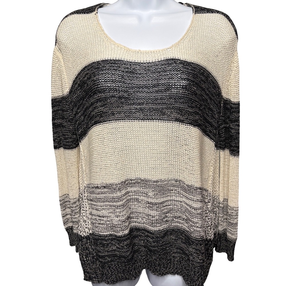 ENZA COSTA Womens Cream Black Striped Sheer Knit Sweater XS Linen Cotton Artsy
